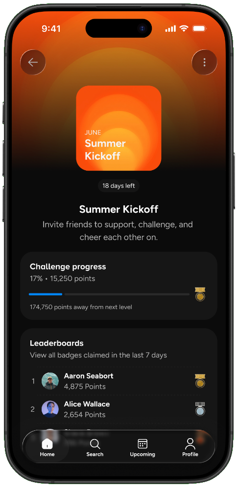 deuce app screen: Summer Kickoff challenge progress and leaderboard