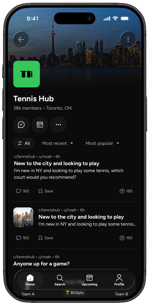 deuce app screen: Tennis Hub community in Toronto