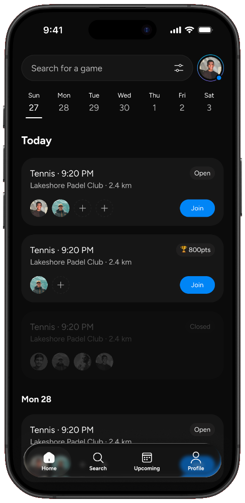 deuce app screen: Games near you, filtered by level
