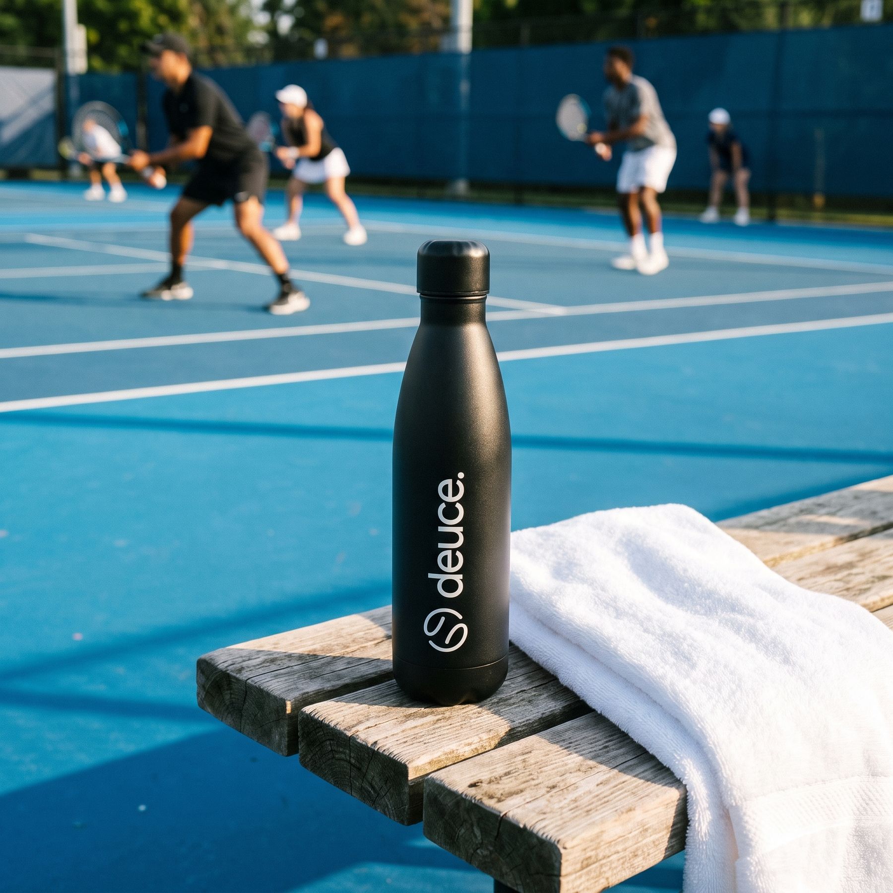 Black water bottle with a vertical deuce logo