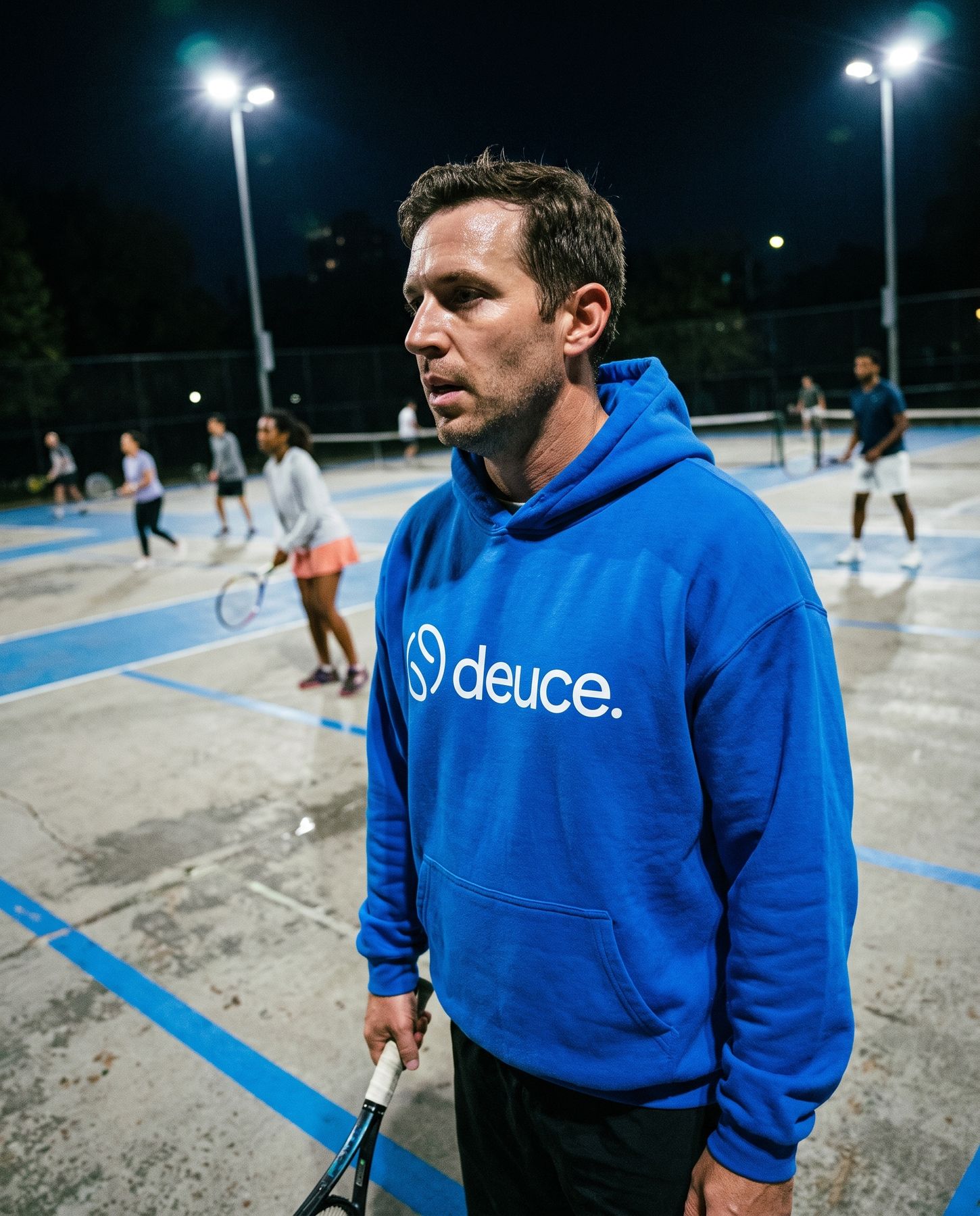 Blue deuce hoodie worn courtside at night