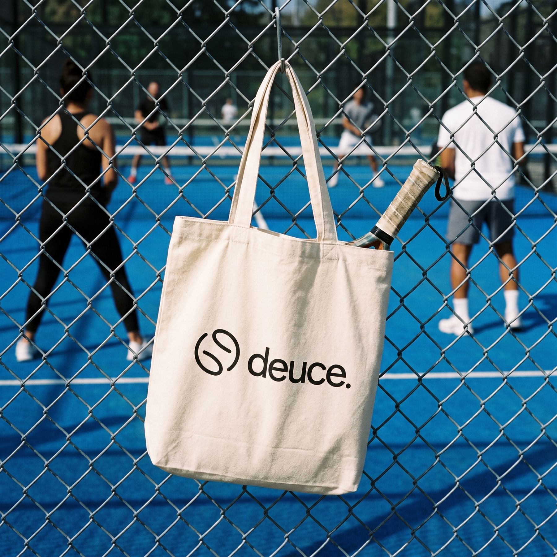 Canvas tote with the deuce logo hanging on a court fence