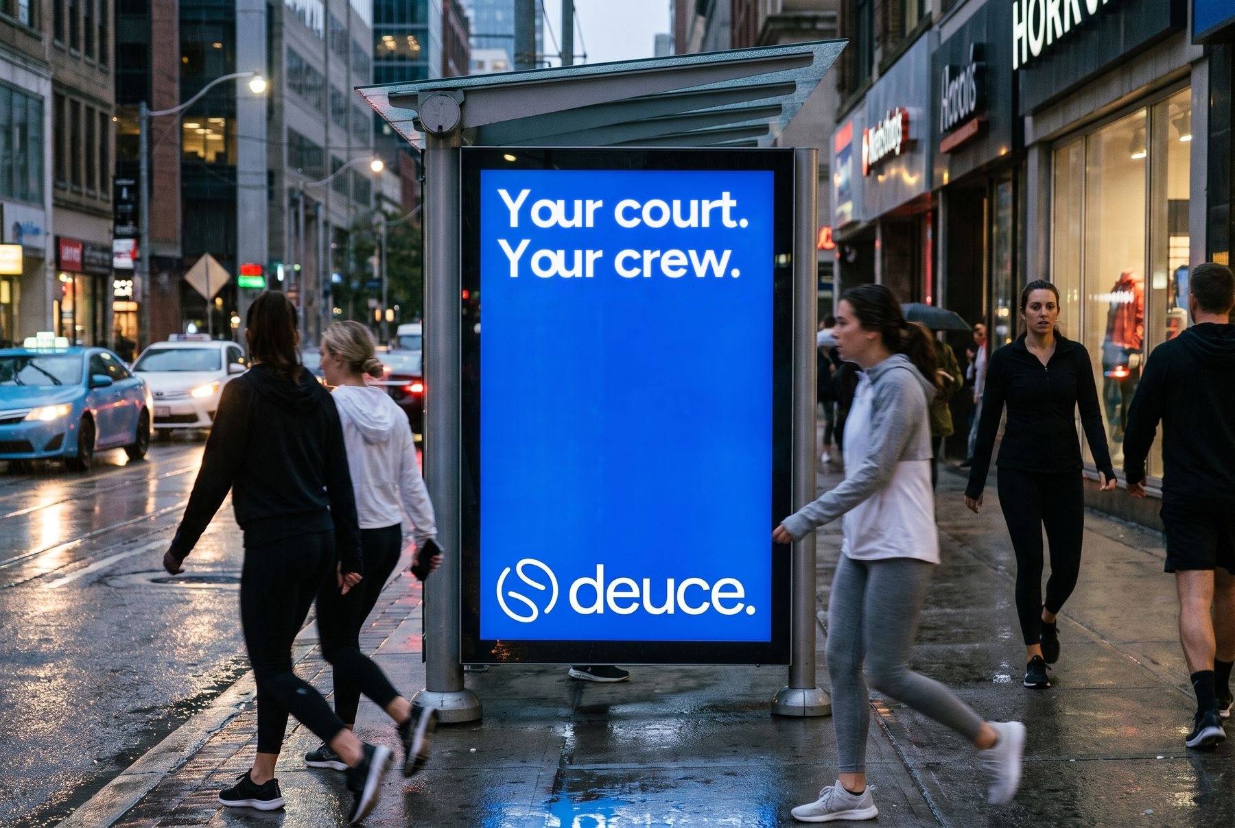 Transit shelter poster reading Your court. Your crew.