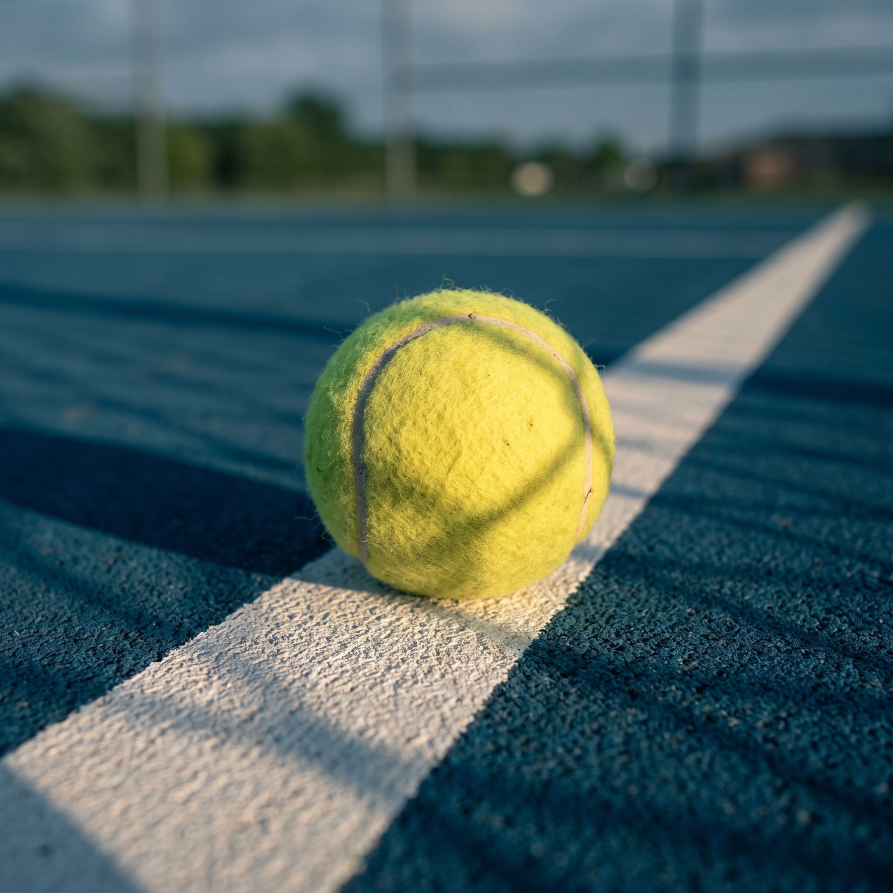 Optic-yellow ball resting on the baseline of a blue court