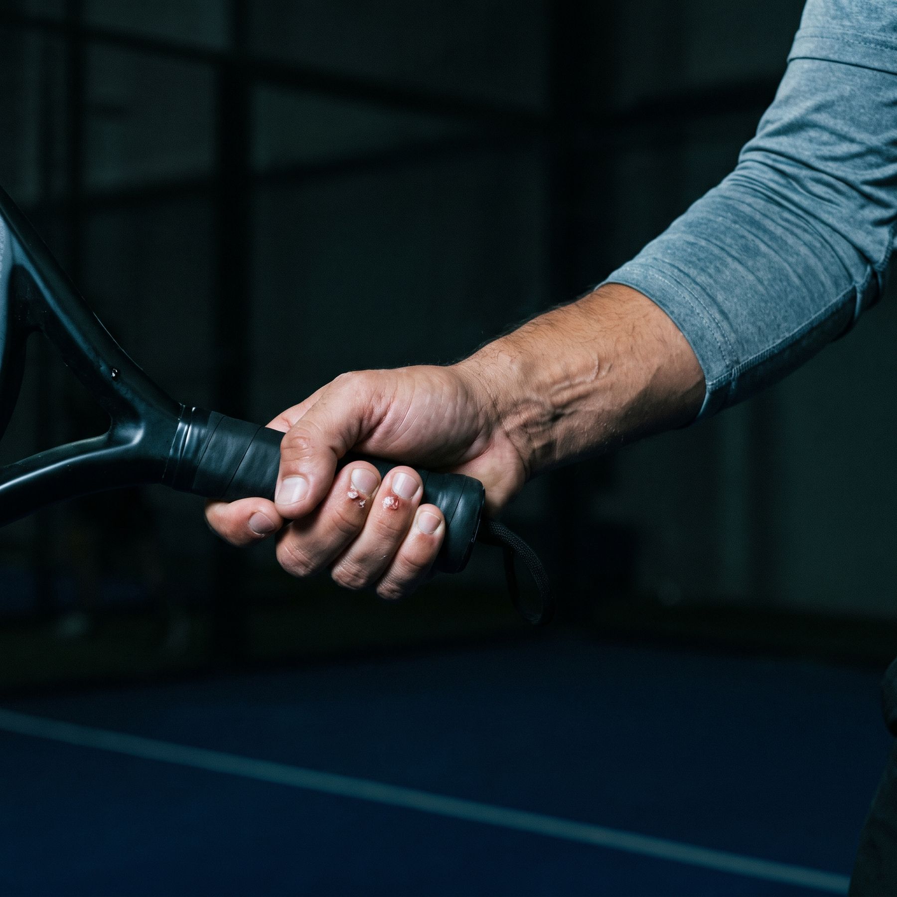 Hand gripping a padel racket handle