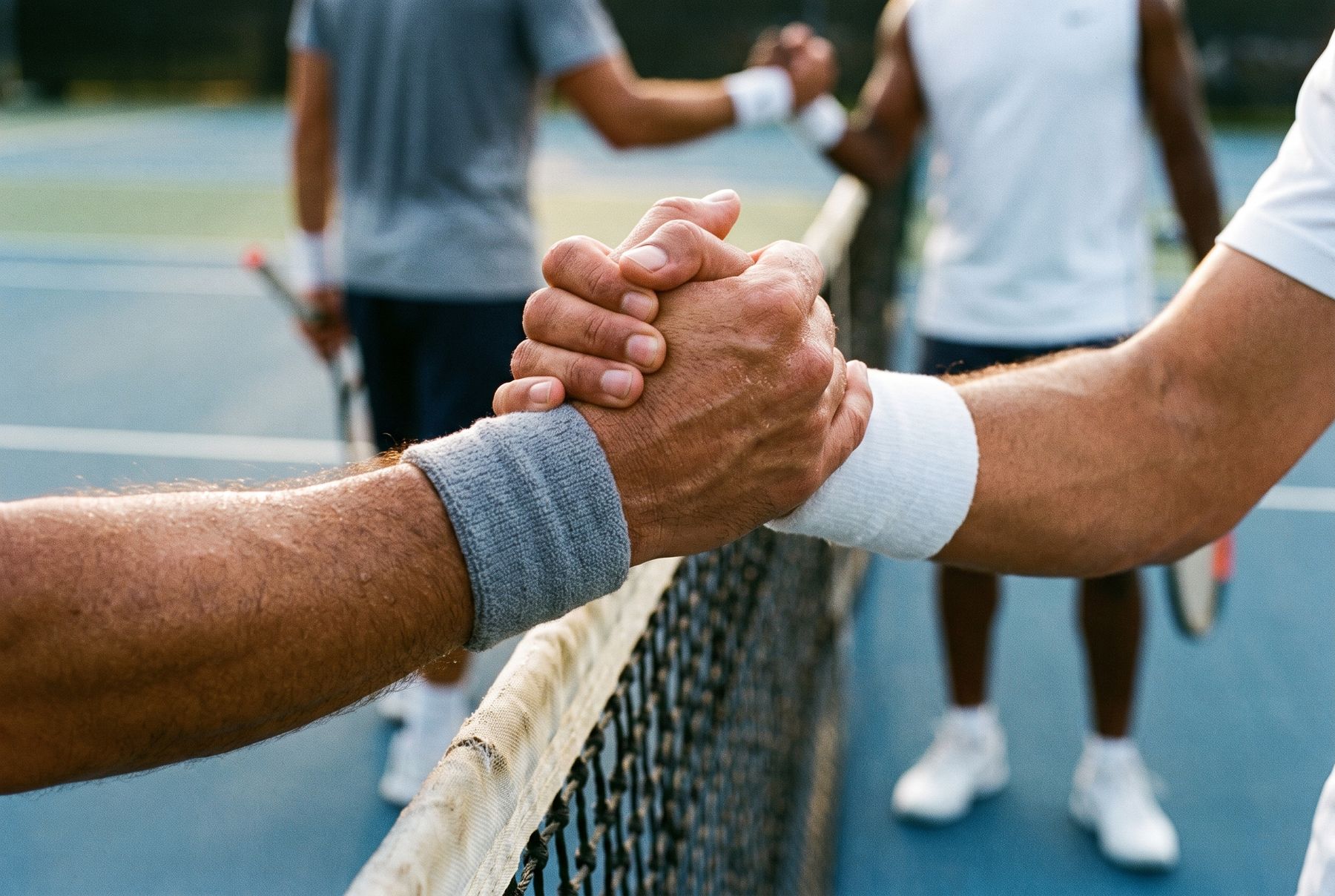 Two players shaking hands over the net