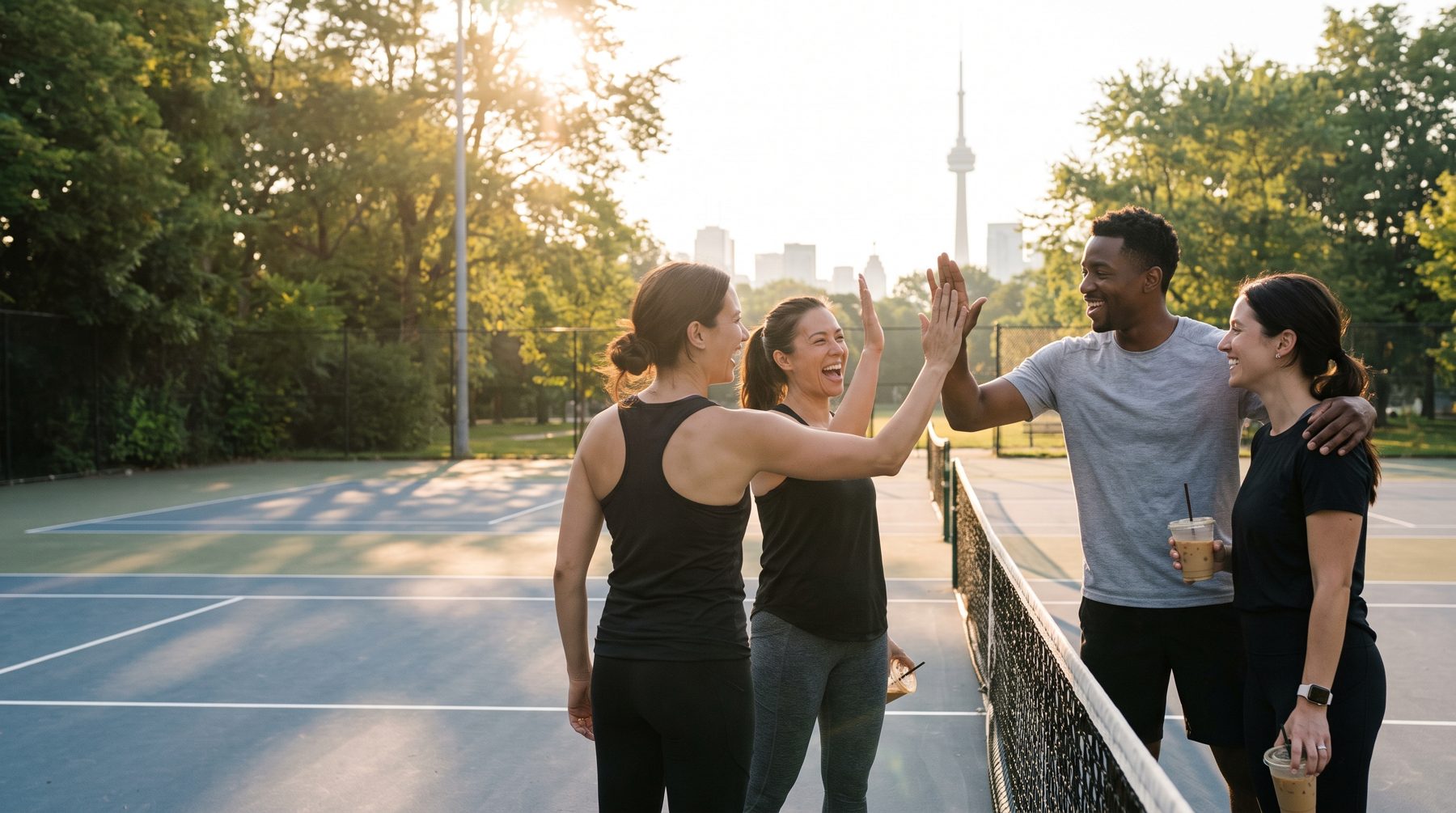 Padel players mid-rally at blue hour in Toronto