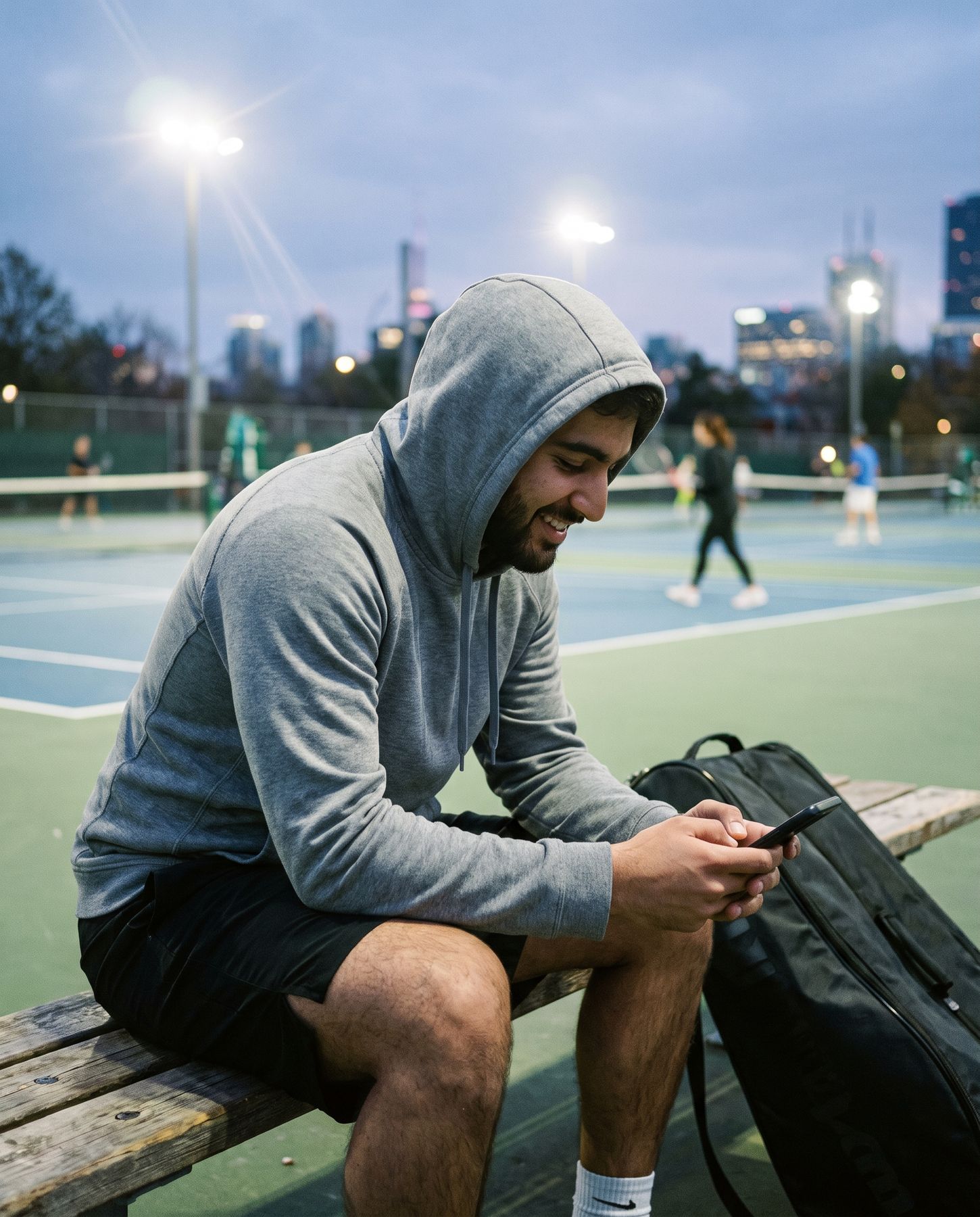 Player checking his phone courtside in the evening