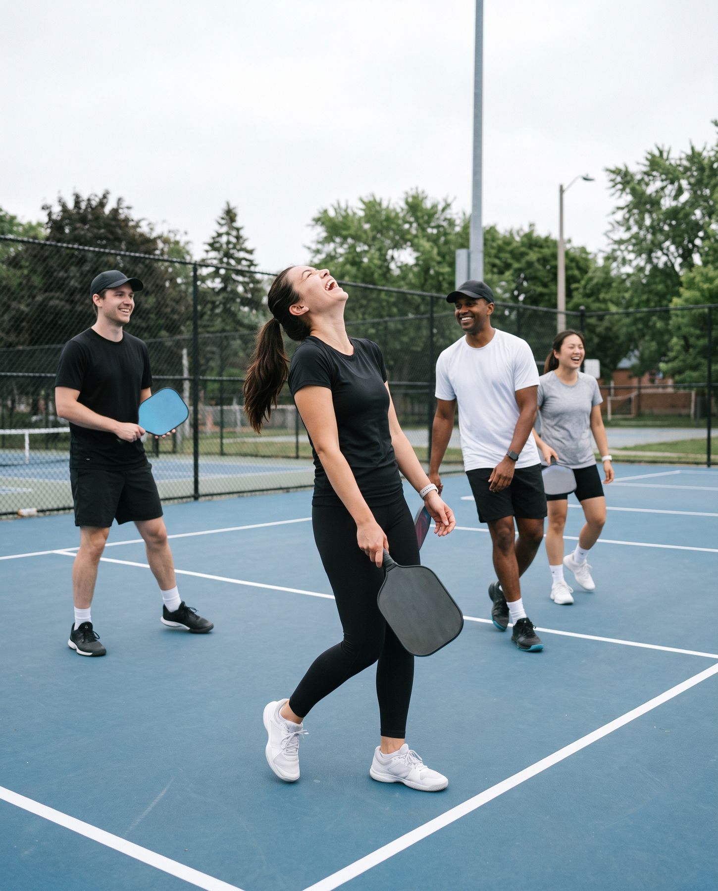 Friends laughing during a doubles pickleball game