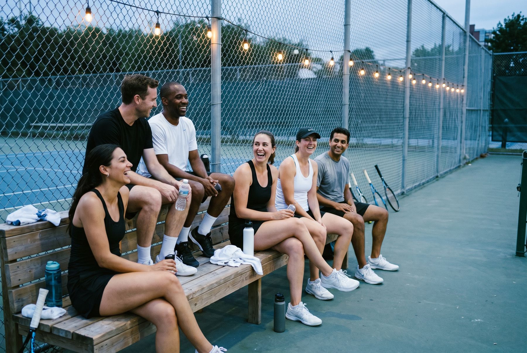 Players chatting courtside under string lights