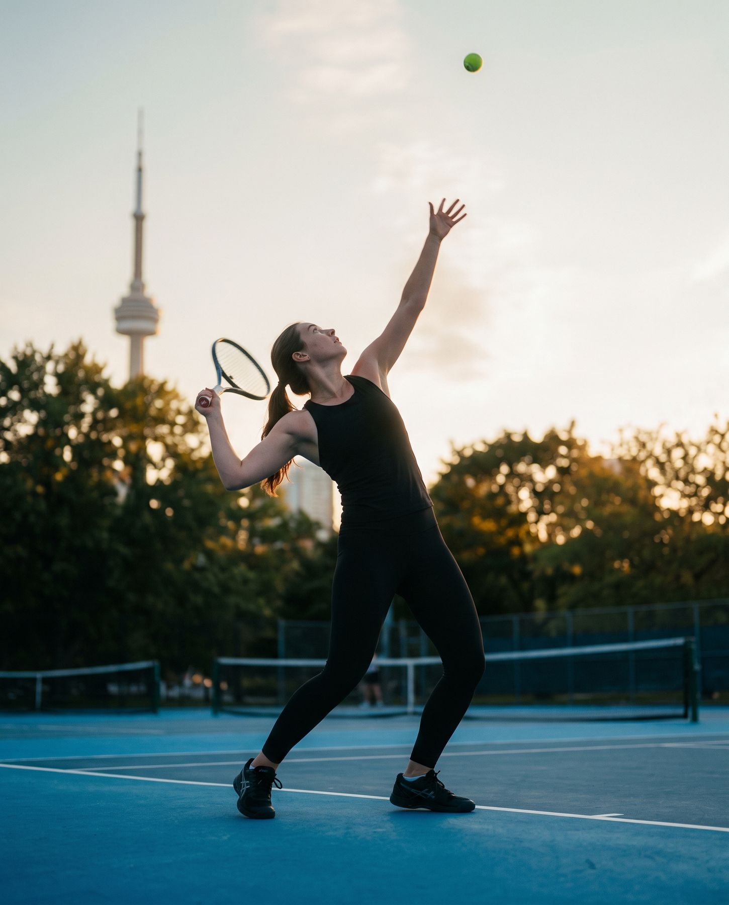 A woman serving on a public court at golden hour